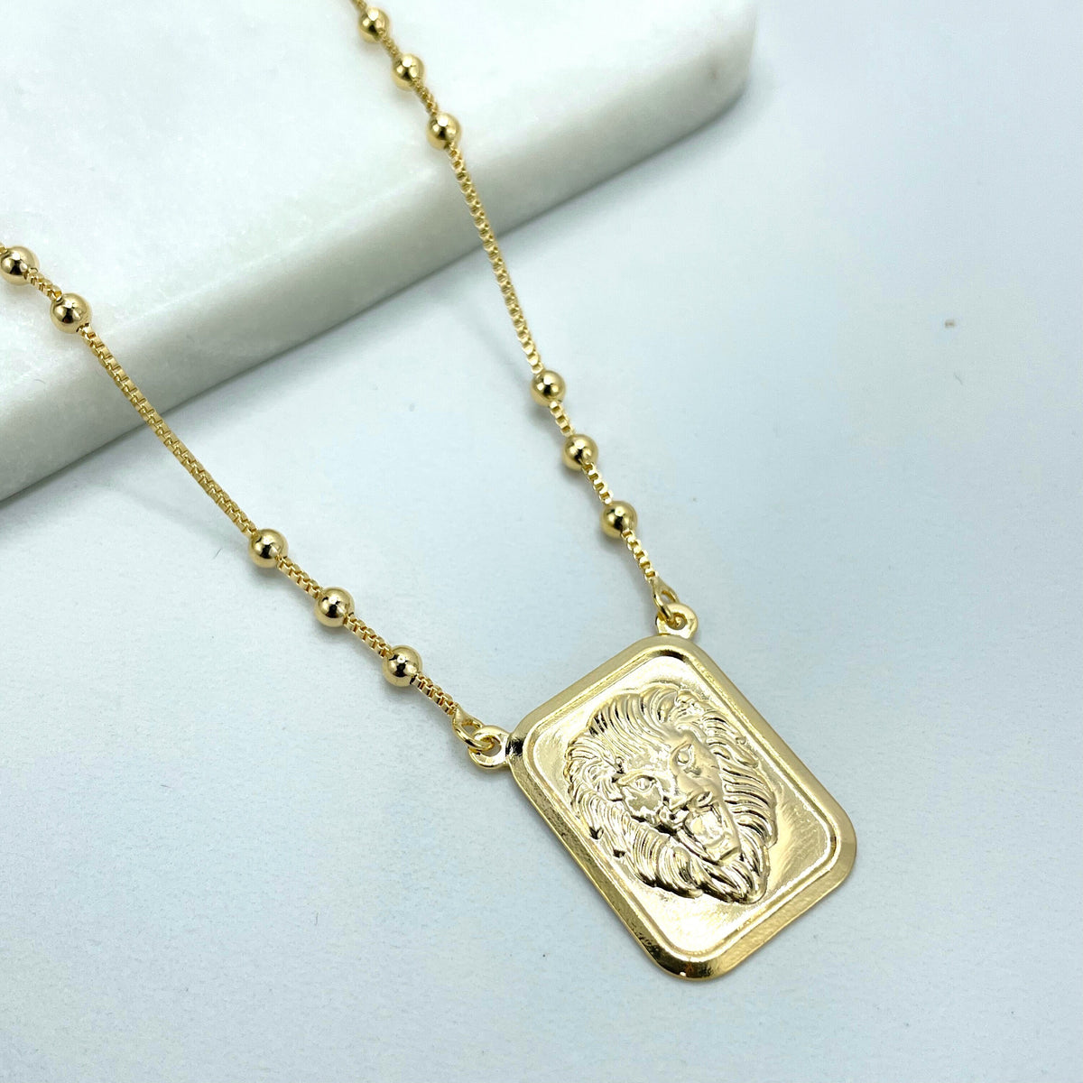18k Gold Filled 1mm Box Chain with Gold Beads and Rectangular Medal & Puffed Lion Head Charm Necklace, Wholesale Jewelry Making Supplies