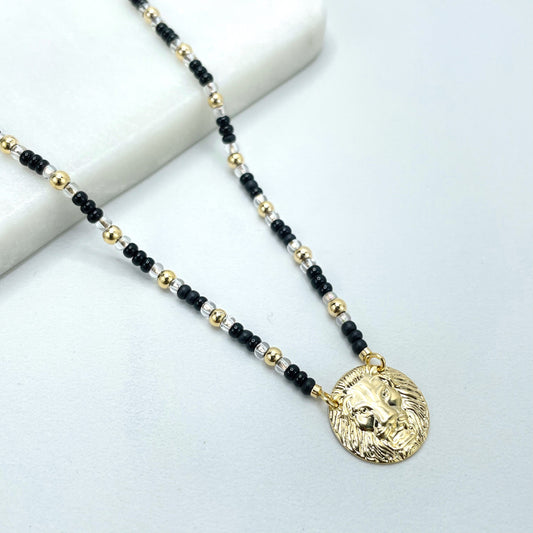 18k Gold Filled Black, Clear and Gold Beads, Beaded Necklace with Lion Head Round Shape Pendant, Wholesale Jewelry Making Supplies