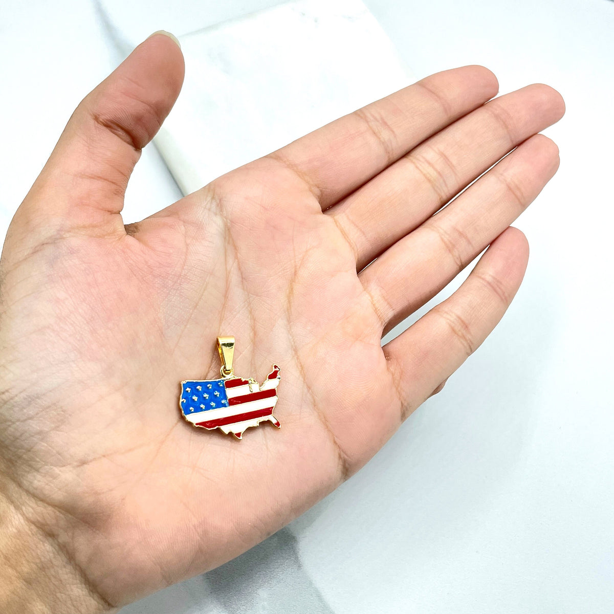 18k Gold Filled USA Flag Map Shape Charm with Red, White & Blue Enamel, USA American Territory Charm Pendant, Wholesale Jewelry Supplies