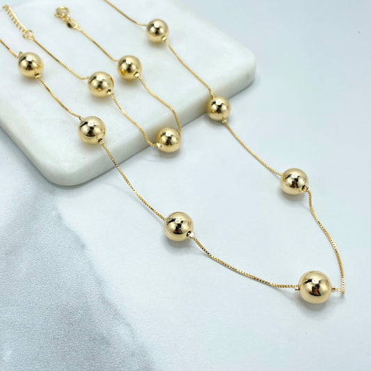 18k Gold Filled 1mm Box Chain & 10mm Gold Beads Linked Chain Necklace or Bracelet, Buy as SET or separately, Wholesale Jewelry Supplies