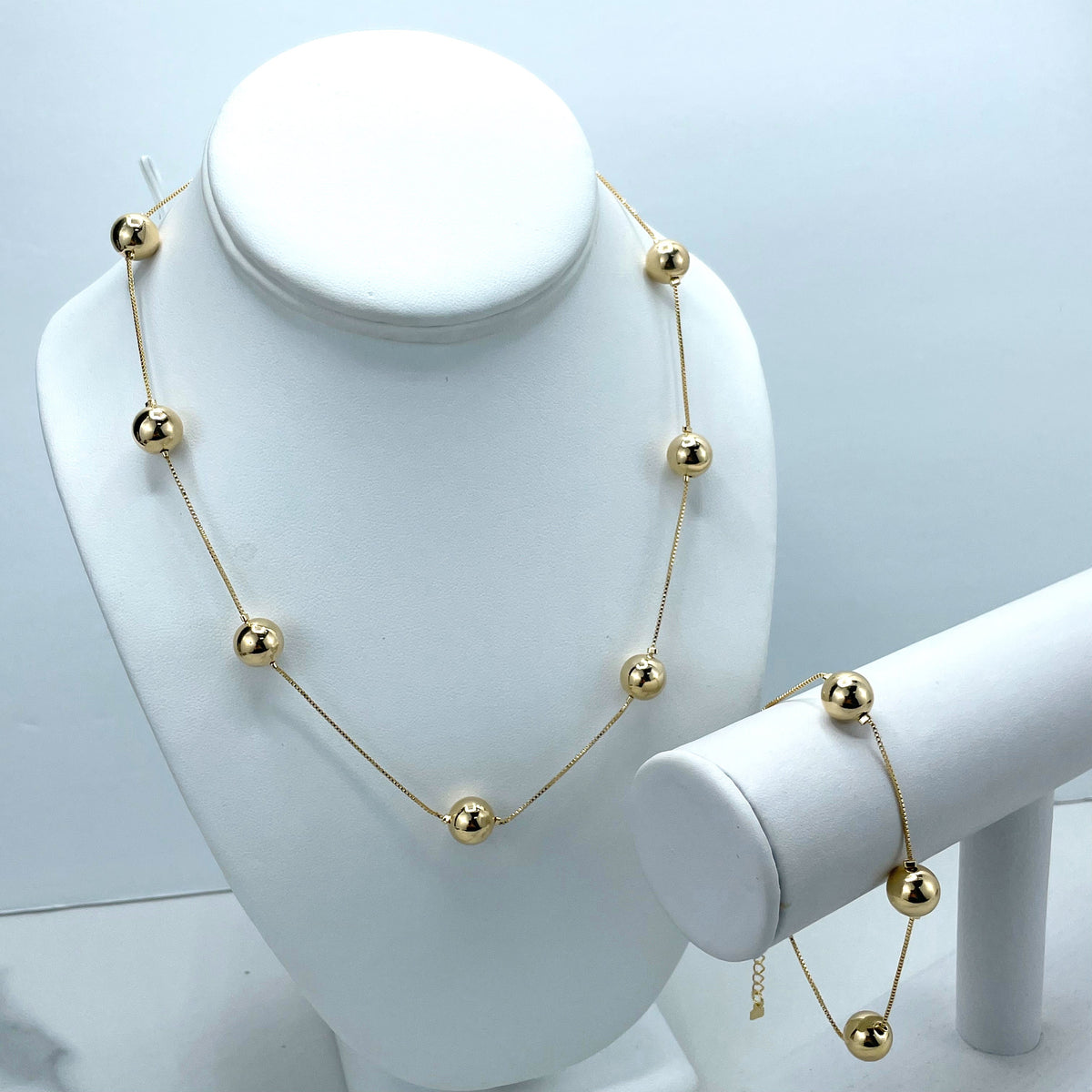 18k Gold Filled 1mm Box Chain & 10mm Gold Beads Linked Chain Necklace or Bracelet, Buy as SET or separately, Wholesale Jewelry Supplies