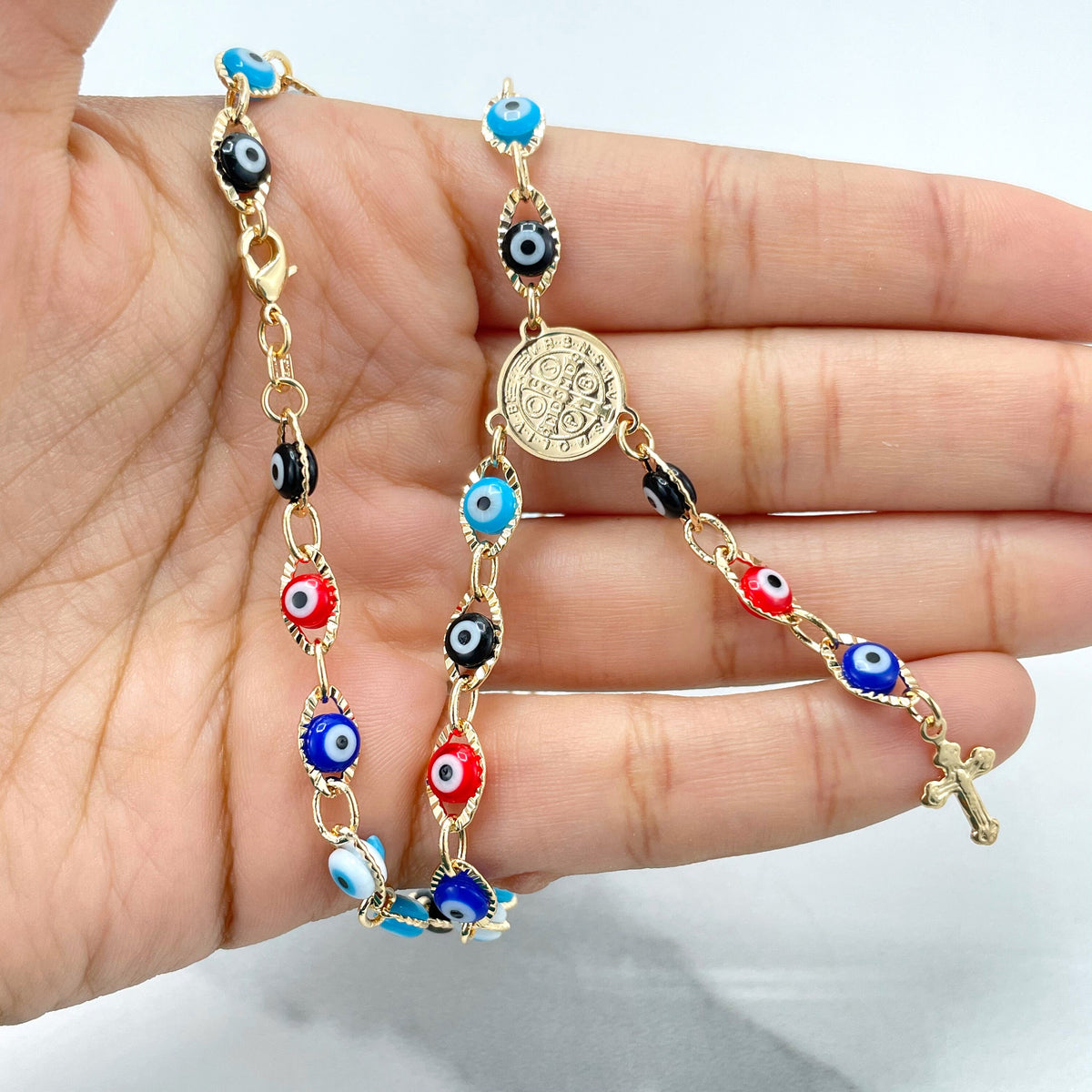 18k Gold Filled Colored Colorful Evil Eyes Linked Rosary, Saint Benedict, San Benito Charm, Religious & Protective Jewel, Wholesale Jewelry