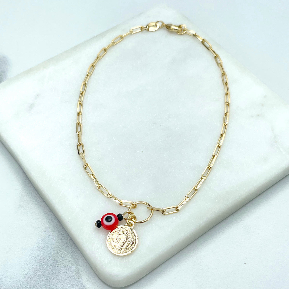 18k Gold Filled 2mm Paperclip Chain, Dangle Multicolor Evil Eye & Saint Benedict, San Benito Coin Charm Anklet, Wholesale Jewelry Supplies