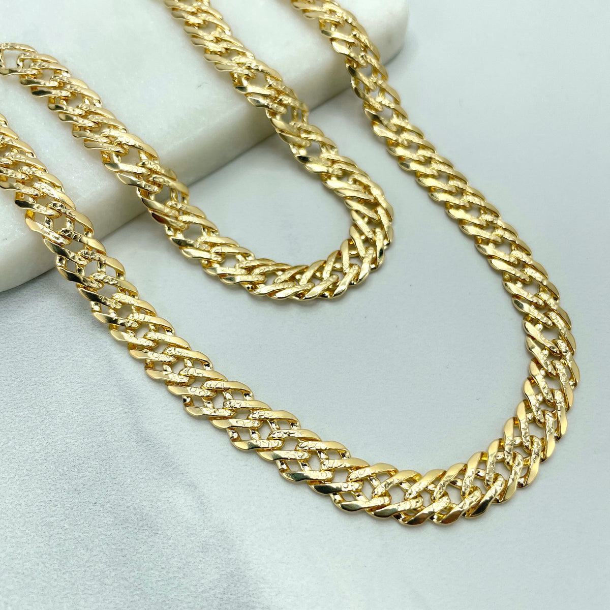 18k Gold Filled 8mm Double Layered Cuban Link Chain Flat with Diamond Cut Necklace & Bracelet, Buy as a Set, Wholesale Jewelry Supplies