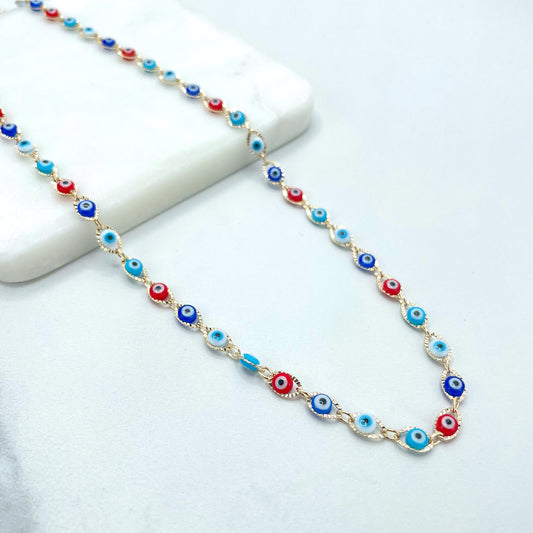 18k Gold Filled Colored, Colorful, Multicolor, Evil Eye Shape Linked Necklace, Lucky & Protection Jewel, Wholesale Jewelry Making Supplies