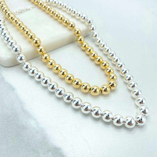 18k Gold Filled or Silver Filled 8mm Beaded Chain Necklace, 1mm Box Chain & Lobster Claw, Wholesale Jewelry Making Supplies