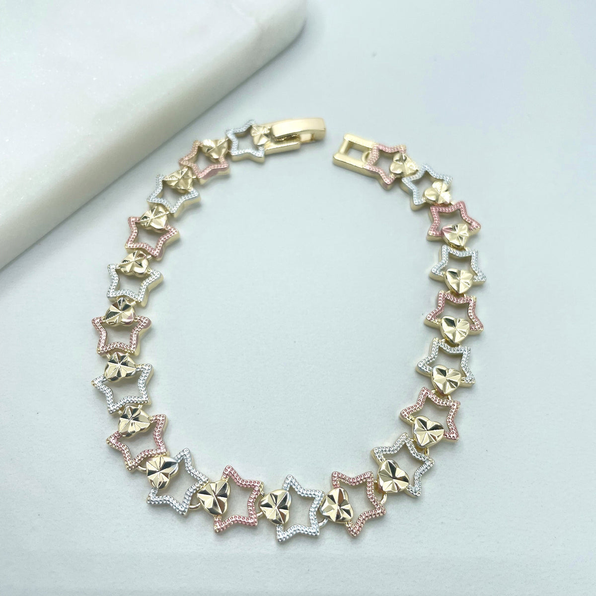 18k Gold Filled Three Tone (Gold, Silver Rose Gold) Stars Linked Chain Bracelet, Wholesale Jewelry Making Supplies