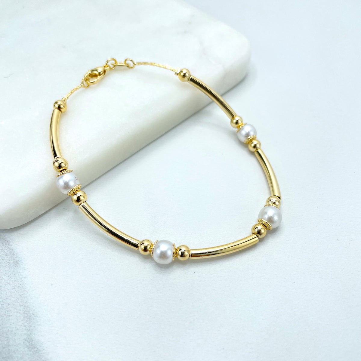 18k Gold Filled Simulated Pearls, Gold Beads & Gold Tubular Linked Bracelet, Wholesale Jewelry Making Supplies