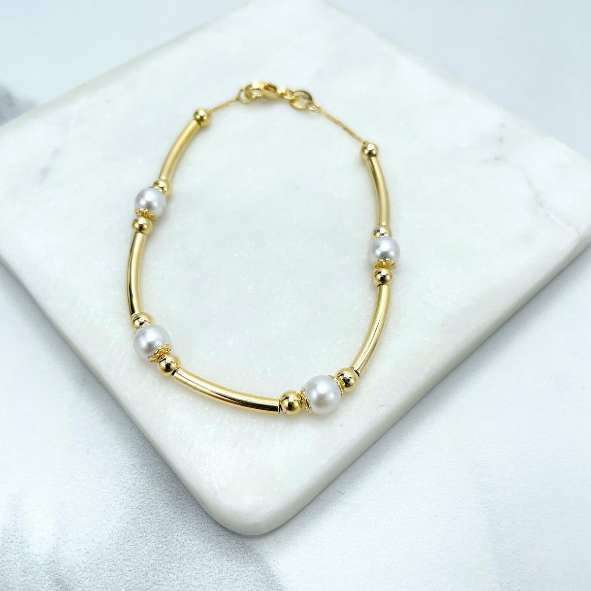 18k Gold Filled Simulated Pearls, Gold Beads & Gold Tubular Linked Bracelet, Wholesale Jewelry Making Supplies