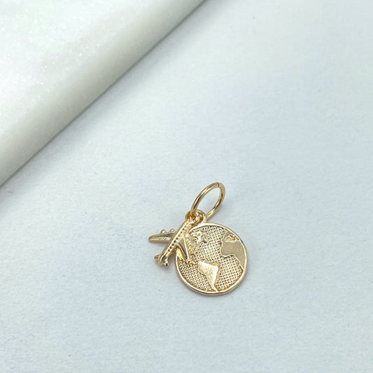18k Gold Filled Travel Charm, Airplane Aeroplan & Earth Globe Dangle Charm, Traveler Gift, Travel Jewelry, Wholesale Jewelry Making Supplies