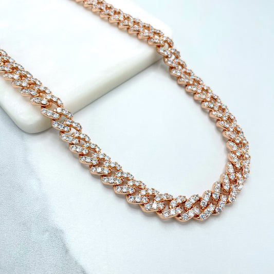 14k Rose Gold Filled 11mm Iced Miami Cuban Chain Featuring Double Safety Lock Box Cubic Zirconia, Chain or Bracelet, Wholesale Jewelry