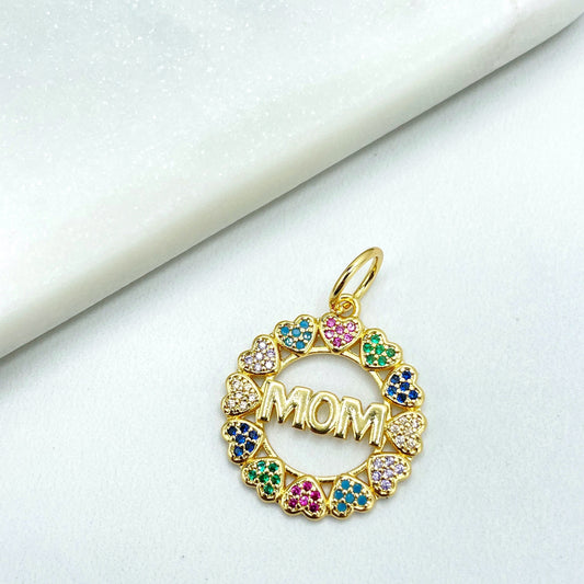 18k Gold Filled Colored Colorful Micro Pave Cubic Zirconia Hearts & Mom Circle Medal Charm Pendant, Wholesale Jewelry Making Supplies