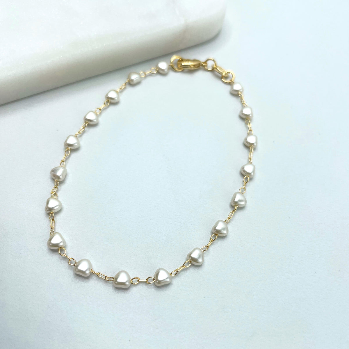 18k Gold Filled 4mm Simulated Heart Shape Pearl Linked Bracelet, Wholesale Delicate Jewelry Making Supplies