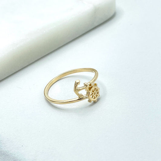 18K Gold Filled 1mm Band Sea Anchor & Wheel Boat Ring, Nautical Ring, Wholesale Jewelry Making Supplies