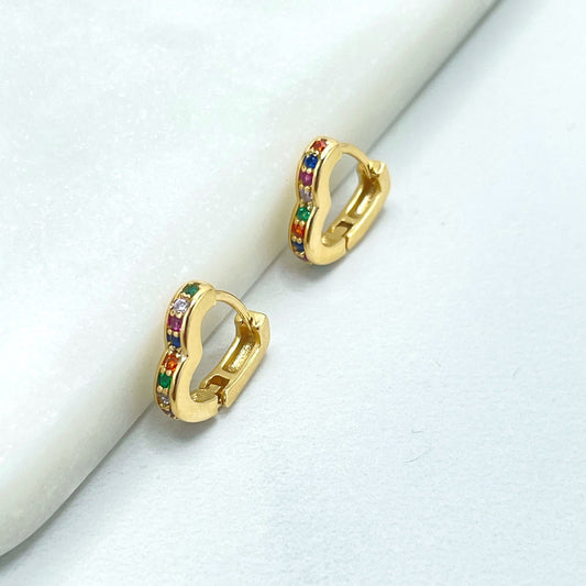 18k Gold Filled Colored Colorful Micro Cubic Zirconia Heart Huggie Shape, Romantic Earrings, Wholesale Jewelry Making Supplies