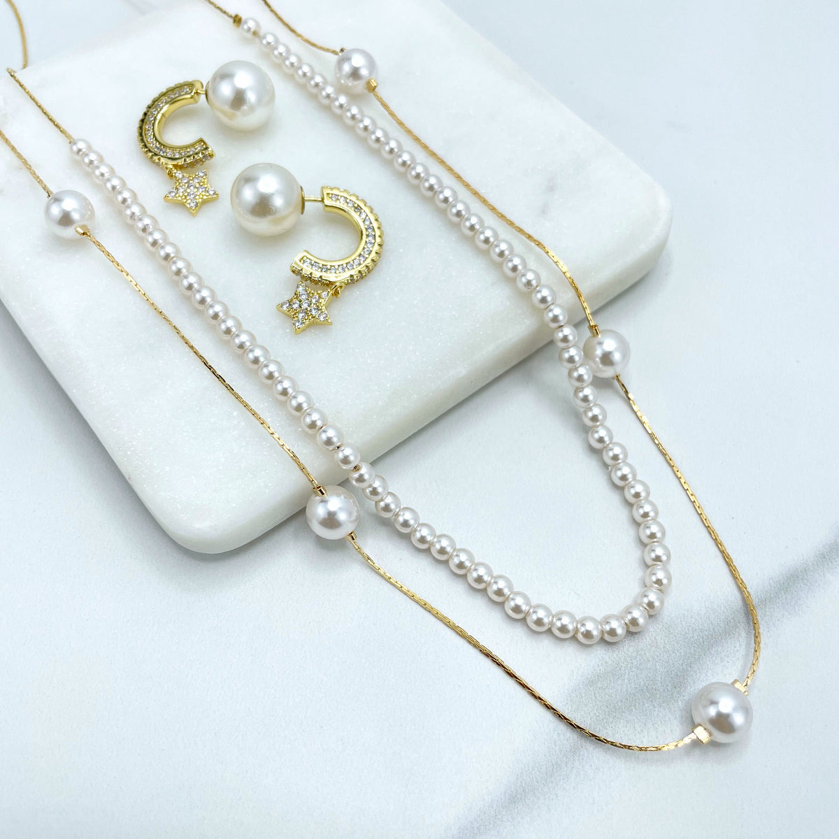 18k Gold Filled Simulated Pearls Double Necklace or Pearl CZ Star Ear Climber Design, Front Back Stud Earrings, Wholesale Jewelry Supplies