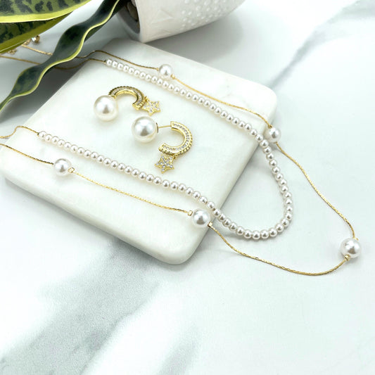 18k Gold Filled Simulated Pearls Double Necklace or Pearl CZ Star Ear Climber Design, Front Back Stud Earrings, Wholesale Jewelry Supplies
