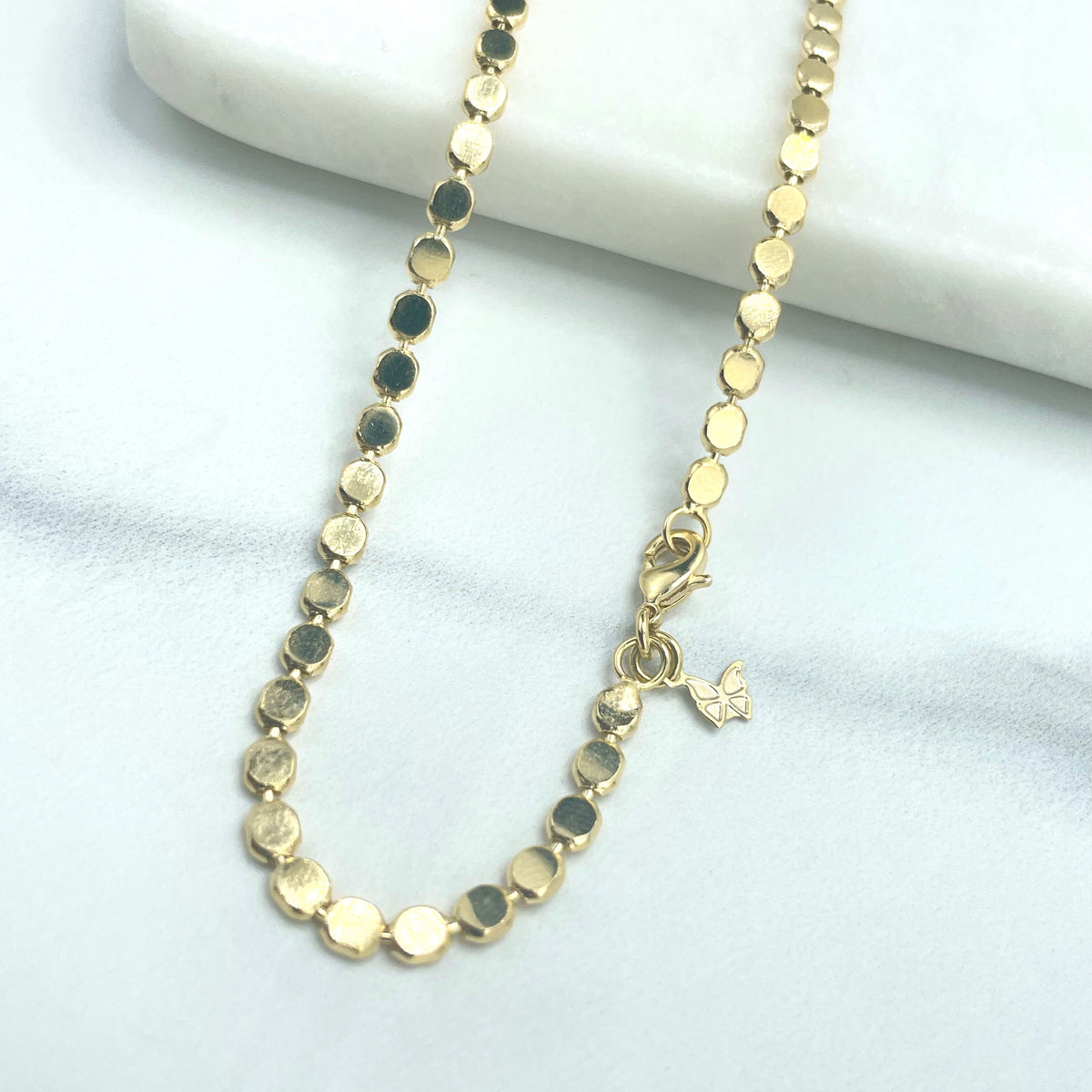 18k Gold Filled 3mm Specialty Dot Chain, Flat Round Shape Chain, with Petite Dangle Butterfly on Lobster Claw, Wholesale Jewelry Supplies