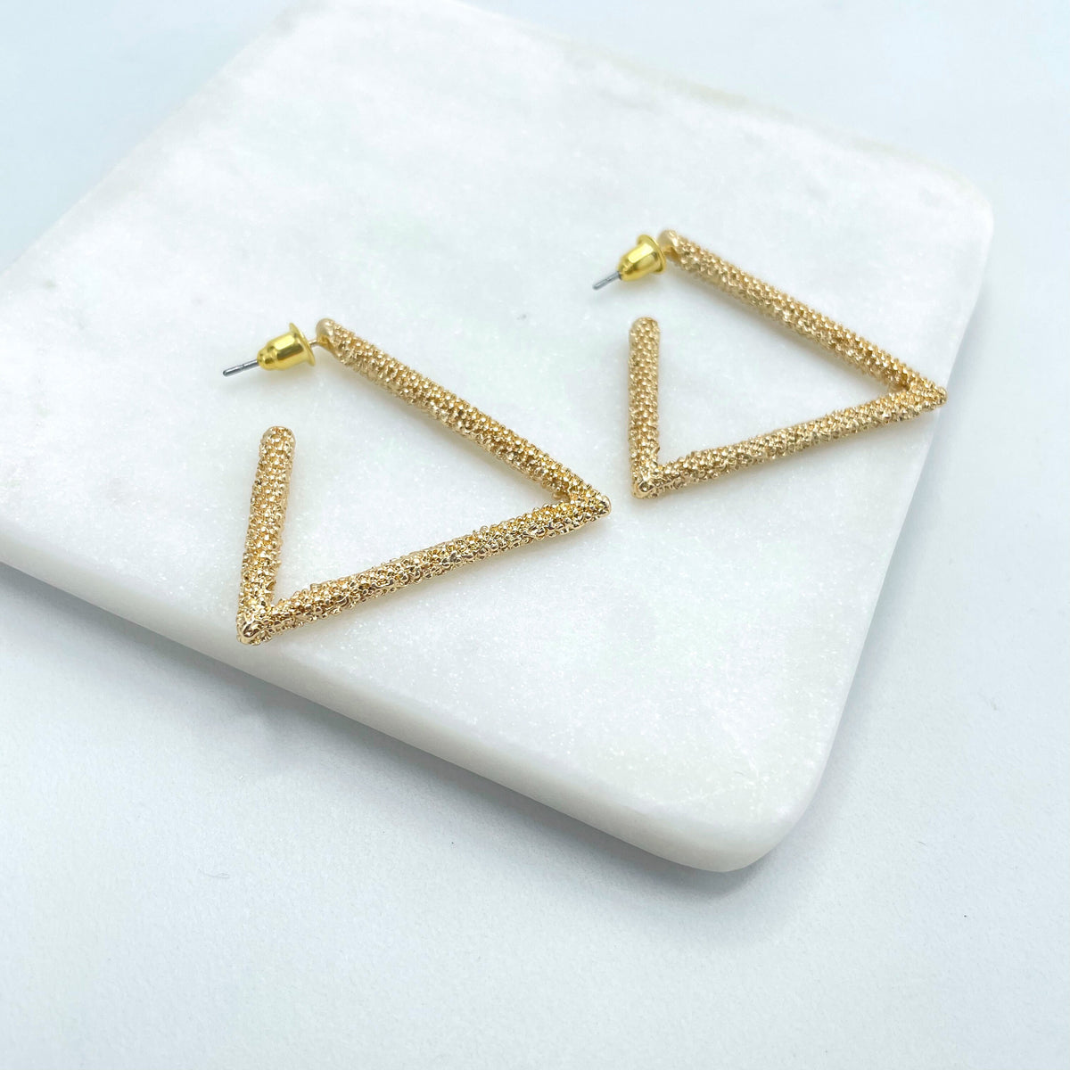 18k Gold Filled C-Hoops Texturized Triangle Shape Earrings, Minimalist Modern Earrings, Wholesale Jewelry Making Supplies