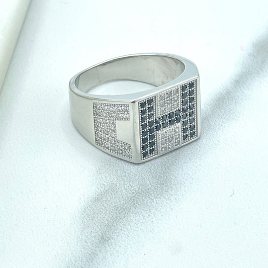 925 Sterling Silver, Band Men's Square "H" Black Micro Cubic Zirconia & Clear CZ Sides Ring, Stamped 925, Wholesale Jewelry Making Supplies