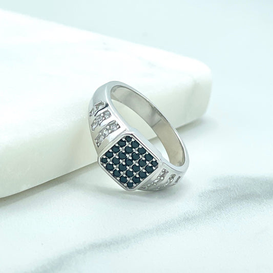 925 Sterling Silver, Band Men's Square Black Cubic Zirconia & Clear CZ Sides Ring, Stamped 925, Wholesale Jewelry Making Supplies