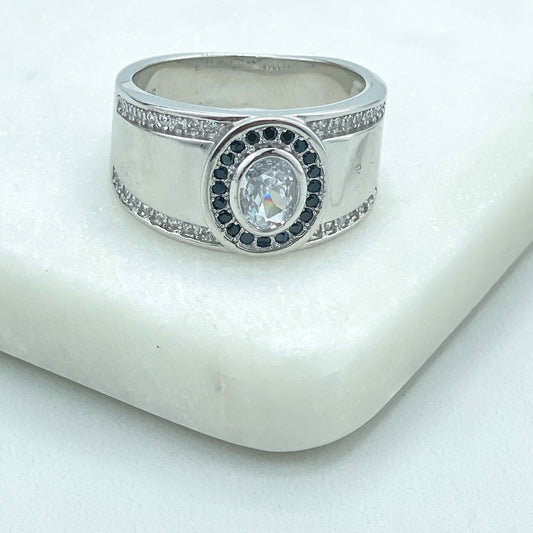 925 Sterling Silver, Band Men's Round Front Shape Black Micro Cubic Zirconia & Clear CZ Ring, Stamped 925, Wholesale Jewelry Supplies