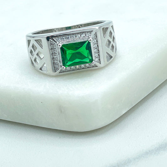 925 Sterling Silver, Band Men's Square Shape Simulated Emerald Cut, Green & White CZ Solid Rings, Stamped 925, Wholesale Jewelry Supplies