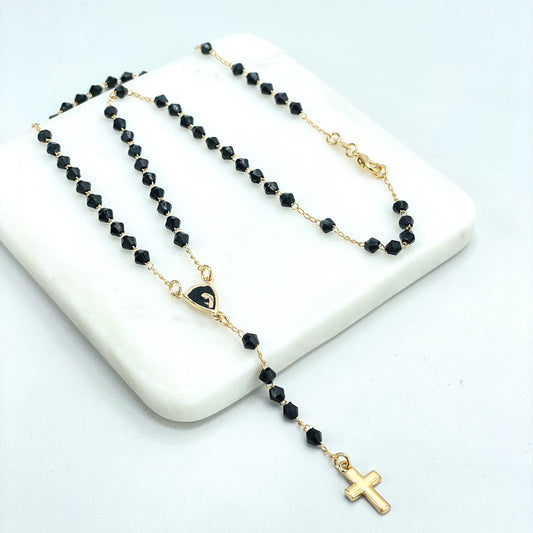 18k Gold Filled Black Beads with Virgin Mary Charm Beaded Necklace Rosary with Black Enamel Cross, Wholesale Jewelry Making Supplies