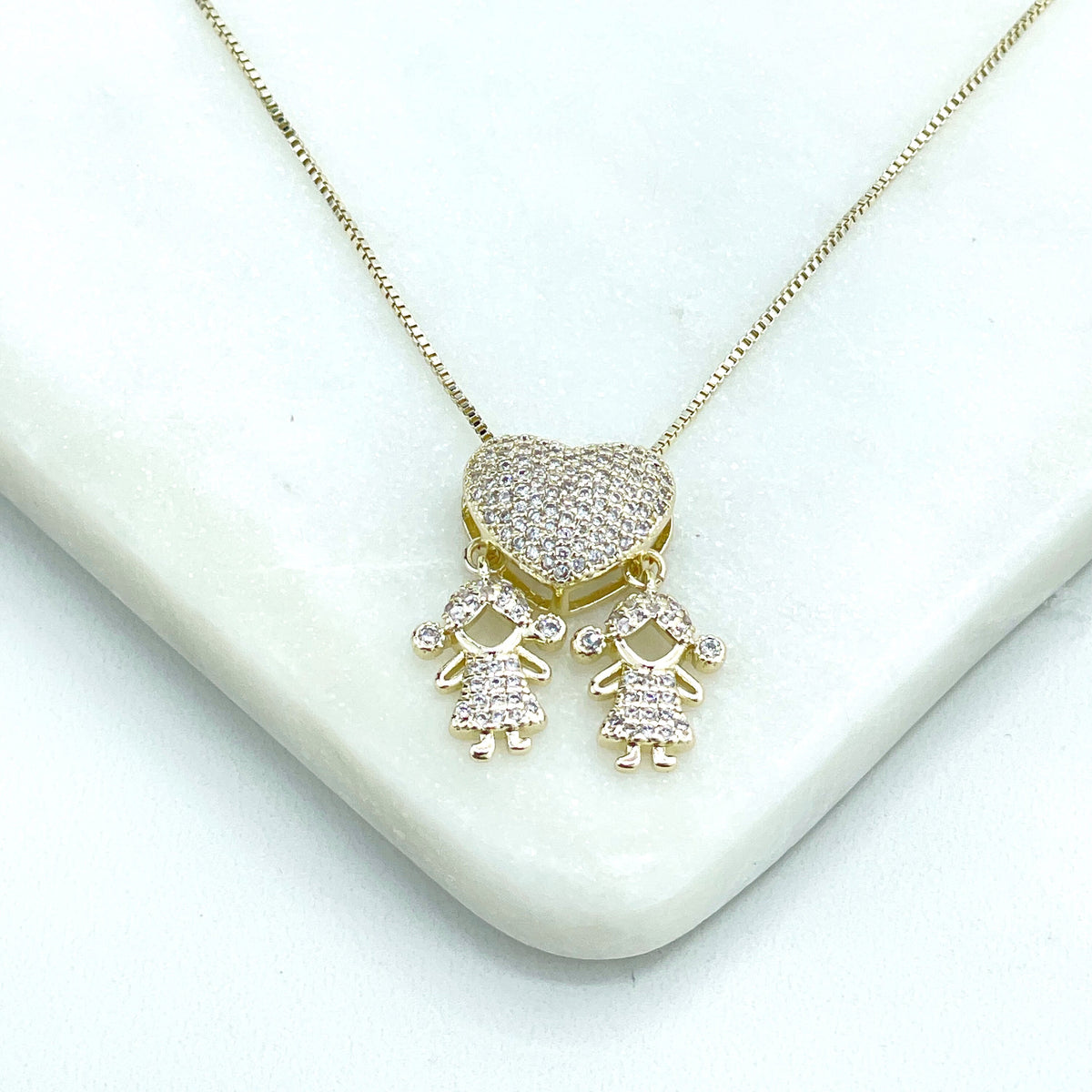 18k Gold Filled Micro Pave Cubic Zirconia Dangle Heart and 02 Child, Kids Boy & Girl Charms Necklace, Wholesale Jewelry Making Supplies