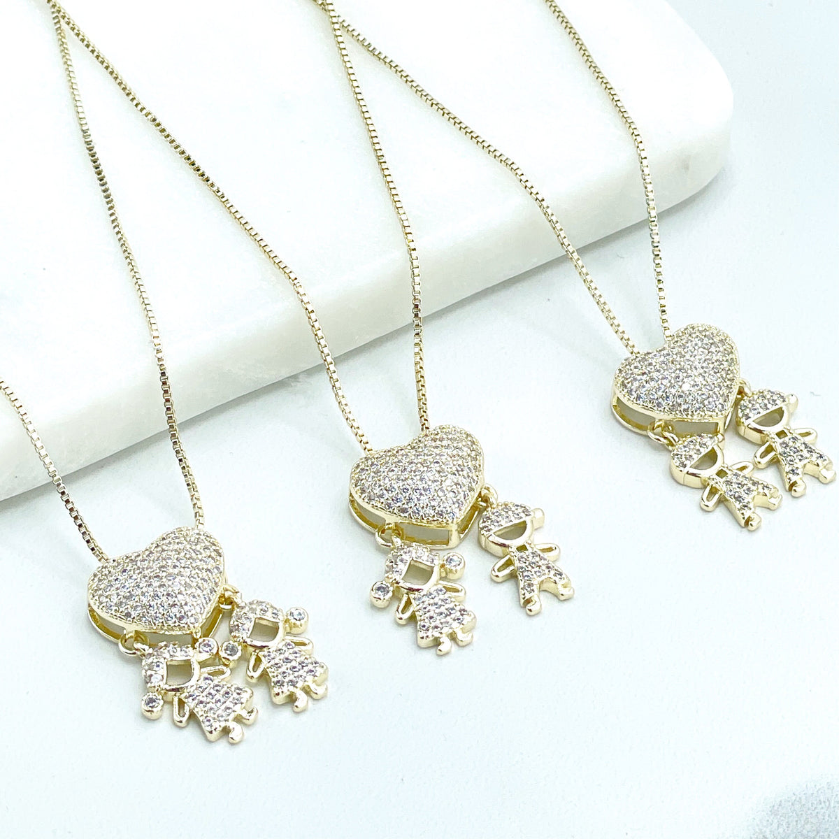 18k Gold Filled Micro Pave Cubic Zirconia Dangle Heart and 02 Child, Kids Boy & Girl Charms Necklace, Wholesale Jewelry Making Supplies