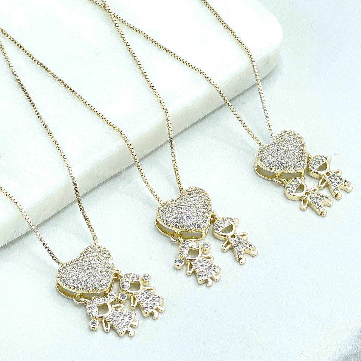 18k Gold Filled Micro Pave Cubic Zirconia Dangle Heart and 02 Child, Kids Boy & Girl Charms Necklace, Wholesale Jewelry Making Supplies