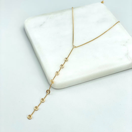 18k Gold Filled 1mm Box Chain Lariat Necklace with Drop Gold Rings, Drop Dangle Front Necklace, Wholesale Jewelry Making Supplies