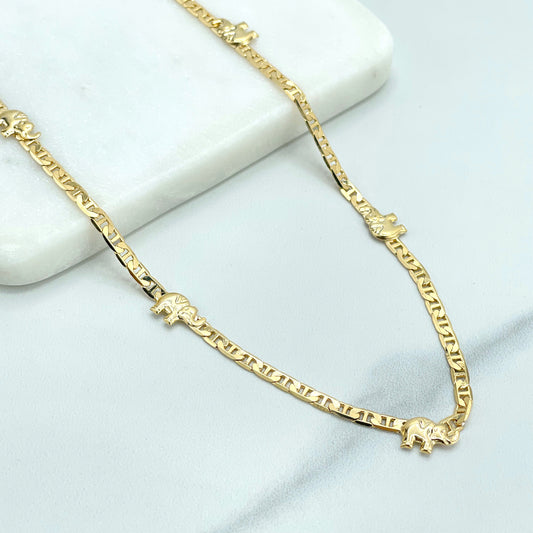 18k Gold Filled 3mm Mariner Link Chain Style Linked with Elephants Necklace, Speciality Chain, Wholesale Jewelry Making Supplies