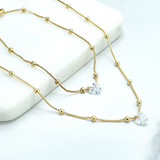 18k Gold Filled 1mm Satellite Chain with Extender & Cubic Zirconia Heart Shape Charm Necklace or Bracelet, Wholesale Jewelry Making Supplies