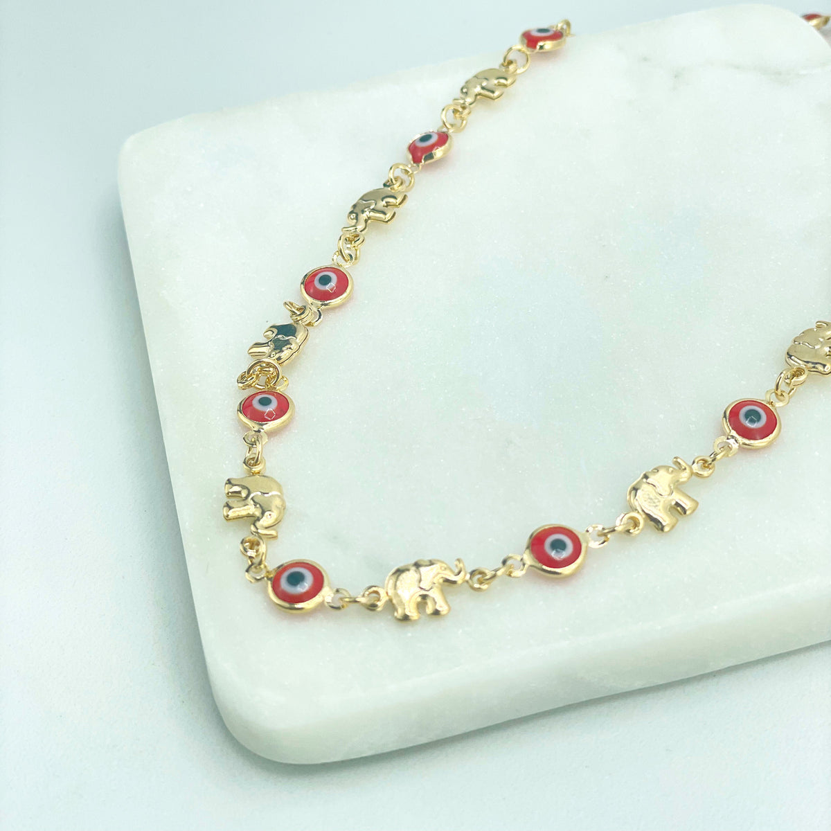 18k Gold Filled Red Evil Eyes Linked with Puffed Elephants Necklace, Good Lucky and Protection Necklace, Wholesale Jewelry Making Supplies