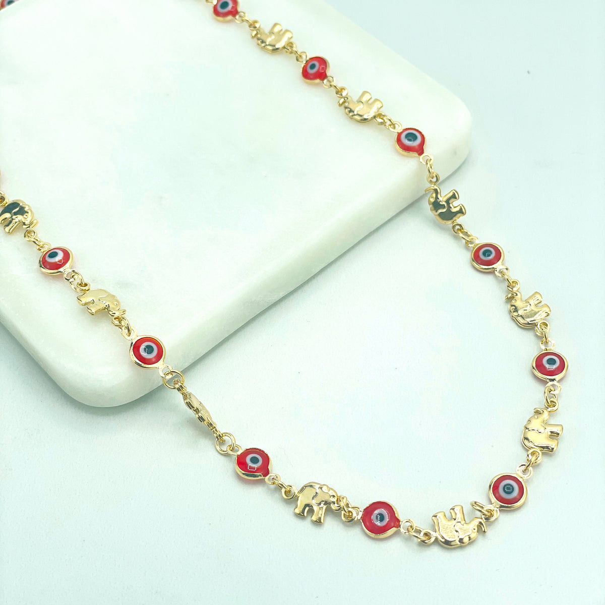 18k Gold Filled Red Evil Eyes Linked with Puffed Elephants Necklace, Good Lucky and Protection Necklace, Wholesale Jewelry Making Supplies