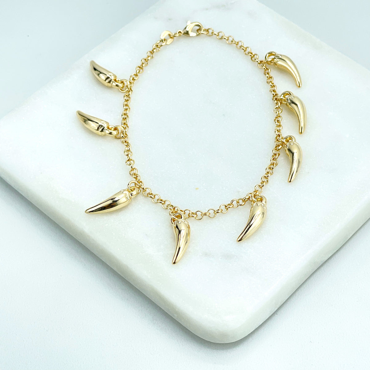 18k Gold Filled 2mm Rolo Chain with Dangle Pepper Chili Charms Bracelet, Good Luck & Protection Bracelet, Wholesale Jewelry Making Supplies