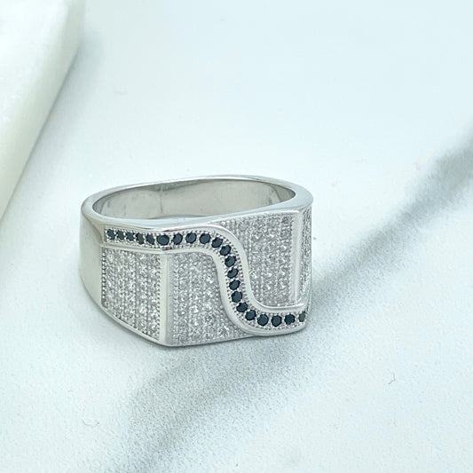 925 Sterling Silver, Band Men's Square Shape Black Line Micro Cubic Zirconia & Clear Micro CZ Ring, Stamped 925, Wholesale Jewelry Supplies