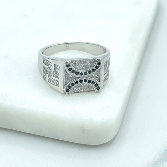 925 Sterling Silver, Band Men's Square Shape Black Line Micro Cubic Zirconia & Clear Micro CZ Ring, Stamped 925, Wholesale Jewelry Supplies
