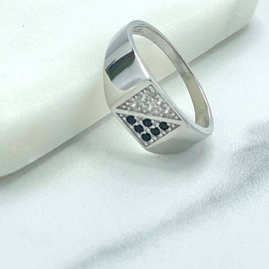 925 Sterling Silver, Band Men's Front Square Shape Black and Clear Cubic Zirconia Ring, Stamped 925, Wholesale Jewelry Making Supplies