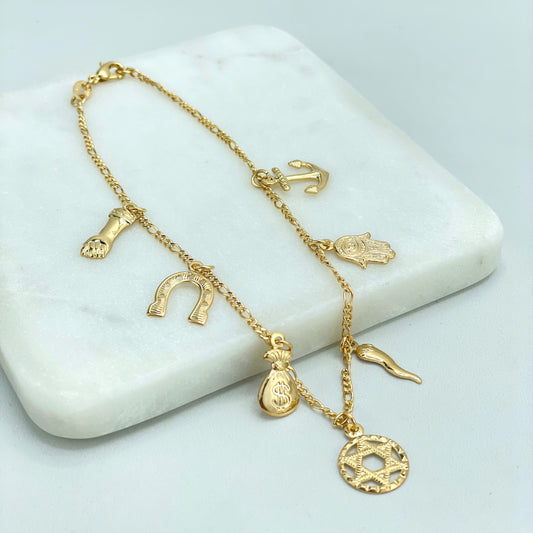 18k Gold Filled Dangle Anchor, Hamsa Hand, Cornicello, Star of David, Money Bag, Horseshoe & Figa Hand Charms Anklet, Wholesale Jewelry