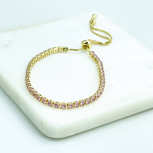 18k Gold Filled Simulated Pink Tourmaline Tennis Cut Cubic Zirconia Adjustable Bracelet, Wholesale Jewelry Making Supplies