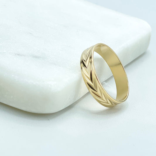 18k Gold Filled 19mm Classic Engagement Wedding Ring with Diamond Cut Leaves Details, for Women and Men, Wholesale Jewelry Making Supplies