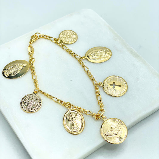 18k Gold Filled Religious Medal Charms Bracelet, La Milagrosa, Virgen Guadalupe, El Divino Nino, Dove, Our Father Wholesale Jewelry Supplies