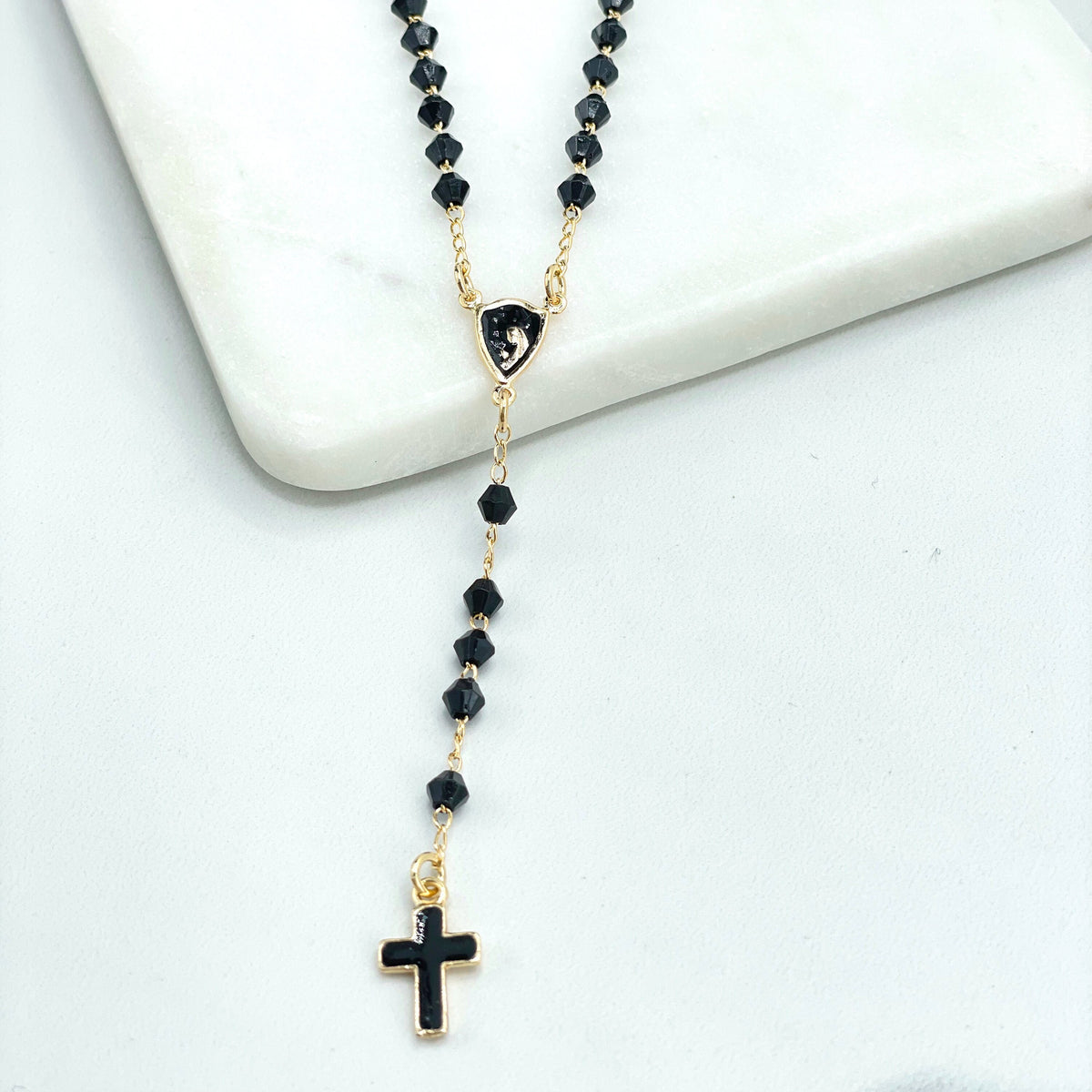 18k Gold Filled Black Beads with Virgin Mary Charm Beaded Necklace Rosary with Black Enamel Cross, Wholesale Jewelry Making Supplies