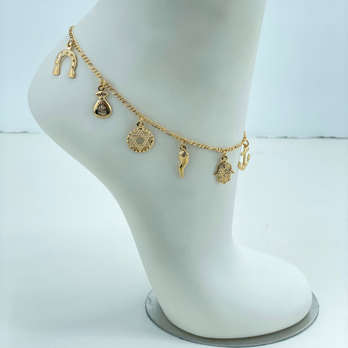 18k Gold Filled Dangle Anchor, Hamsa Hand, Cornicello, Star of David, Money Bag, Horseshoe & Figa Hand Charms Anklet, Wholesale Jewelry