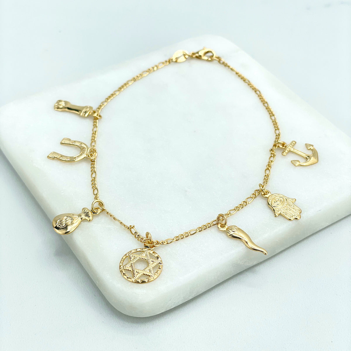 18k Gold Filled Dangle Anchor, Hamsa Hand, Cornicello, Star of David, Money Bag, Horseshoe & Figa Hand Charms Anklet, Wholesale Jewelry