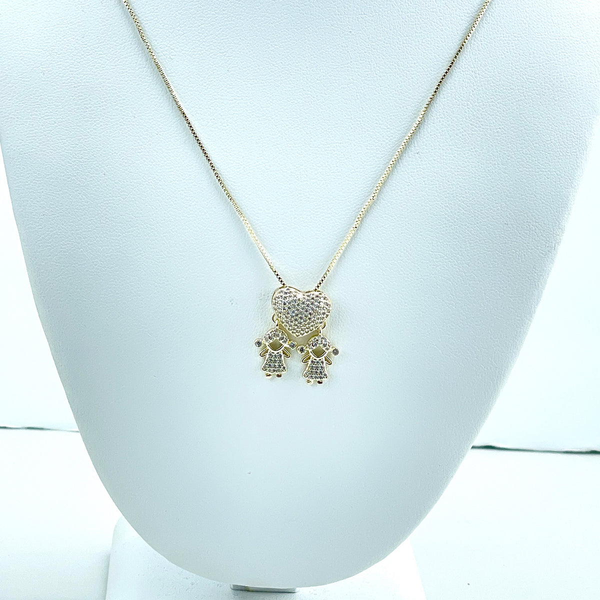 18k Gold Filled Micro Pave Cubic Zirconia Dangle Heart and 02 Child, Kids Boy & Girl Charms Necklace, Wholesale Jewelry Making Supplies