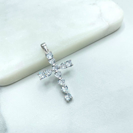 925 Sterling Silver Clear Cubic Zirconia Cross Shape Pendant Charm, Round & Heart Zirconias Shape, Wholesale Jewelry Making Supplies