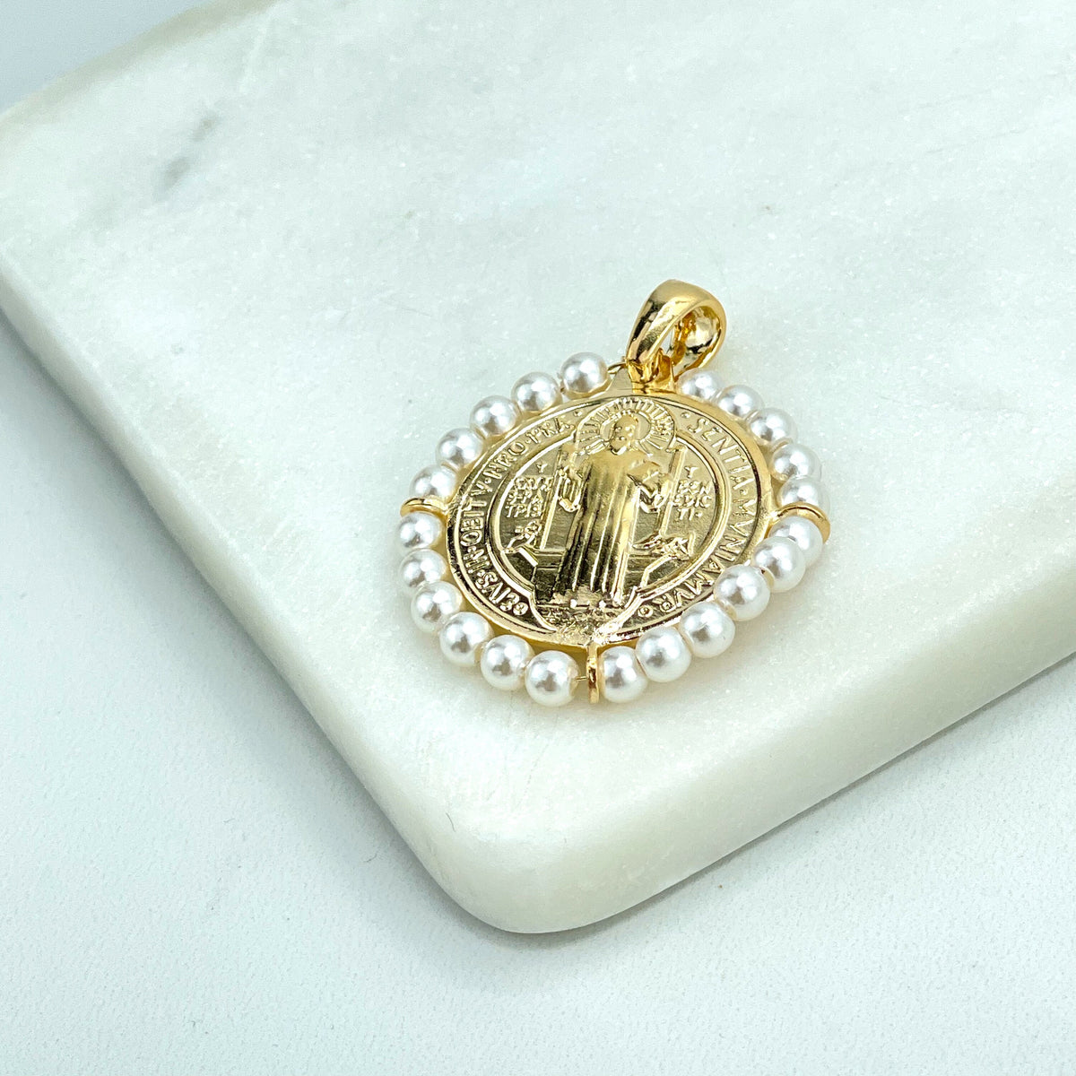 18k Gold Filled San Benito 2 Sided Pendant Charms, Reversible St. Benedictus Coin, Medal, Medallion with Simulated Pearls, Wholesale Jewelry